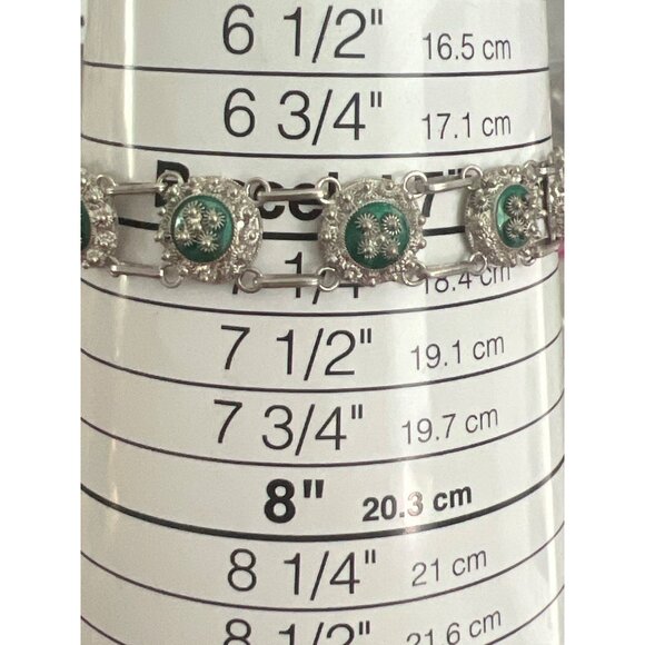 Vintage Van Lou Sterling Silver Link Bracelet Green Enamel Stamped Estate 7" - Picture 5 of 5